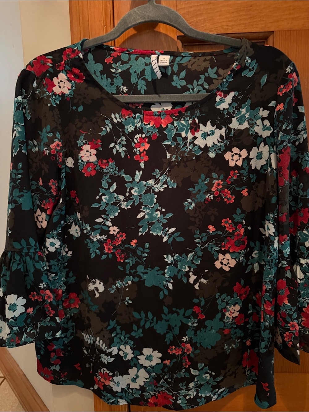 Elle Black Floral Scoop Neck Top with Teal & Red Accents